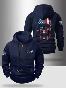 Autumn Winter Design Zipper Thick Hoodie, Casual Hooded Sweatshirt, Portable Pocket Fashion, Comfortable Skull Pattern, Casual Outdoor Wear