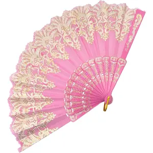 Handheld Chinese Folding Fan Hand Fans for Women Foldable Bulk for Party Wedding Church Dancing (Pink)