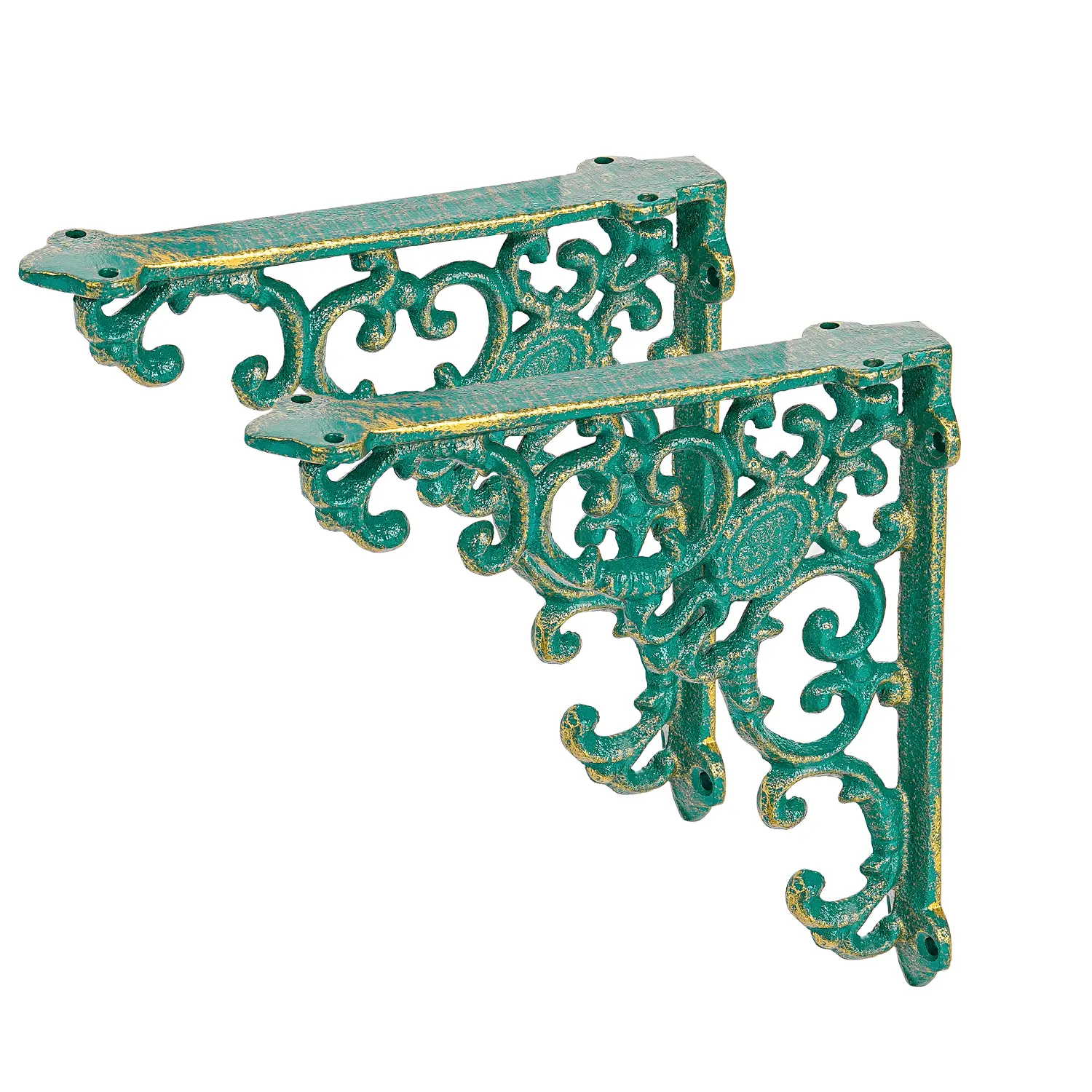 Sungmor 2-Pack Scroll-Green 7.7in Ornate Vintage Cast Iron Shelf Brackets - Home Supplies Supports, Corbels for Wall Hanging, Bracket Shelf DIY Projects, Shelves