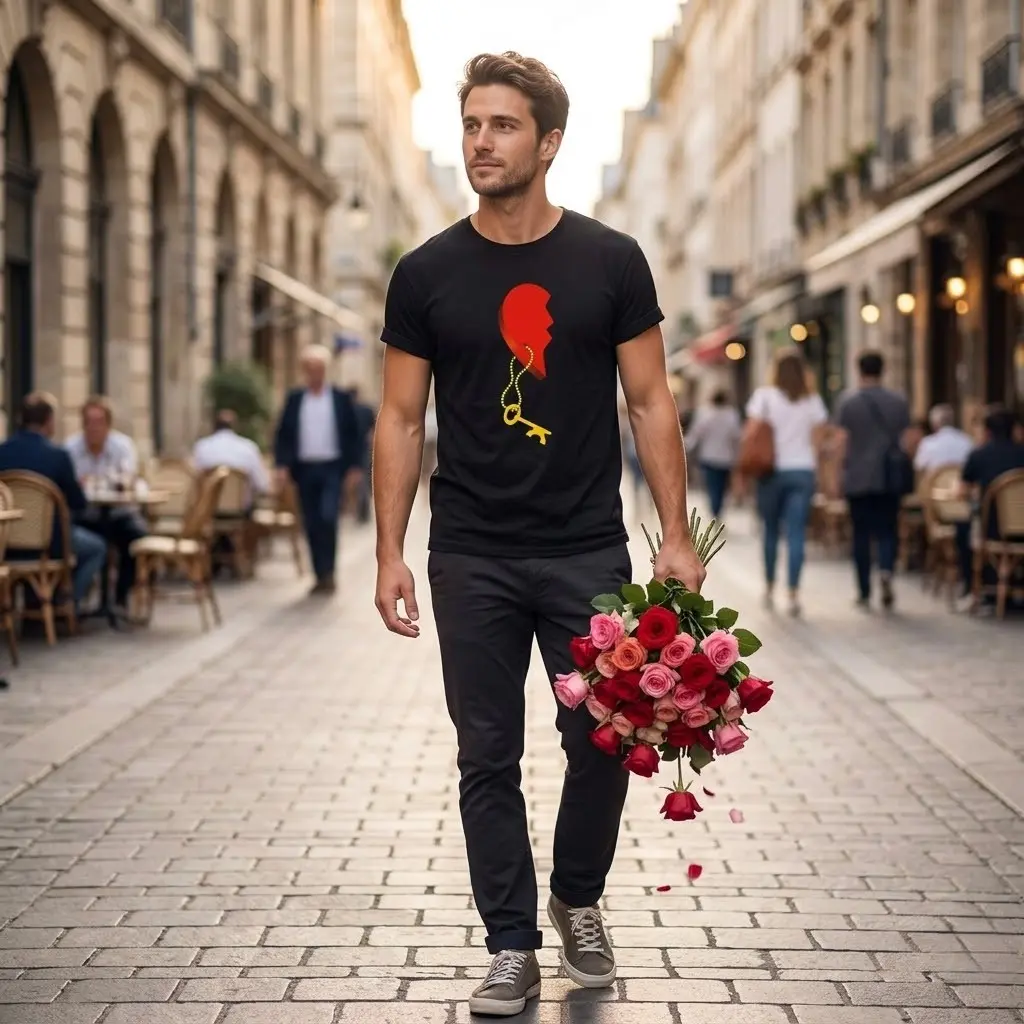 Women's Casual Comfortable Short-Sleeve Cotton Round Neck T-Shirts - Couple Matching Sets, Heart Lock Key Graphic Print, Machine Washable, Black Tees for Him & Her, Valentine's Day Gift, Sports Tops