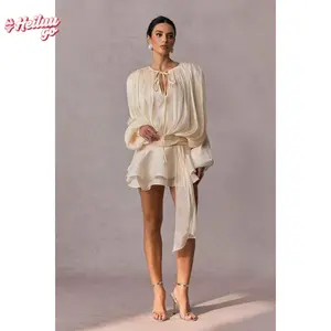 Women's Ruffle Mini Dress Long Lantern Sleeve Tie-up Front Solid Color Pleated Dress Short Flowy Dress