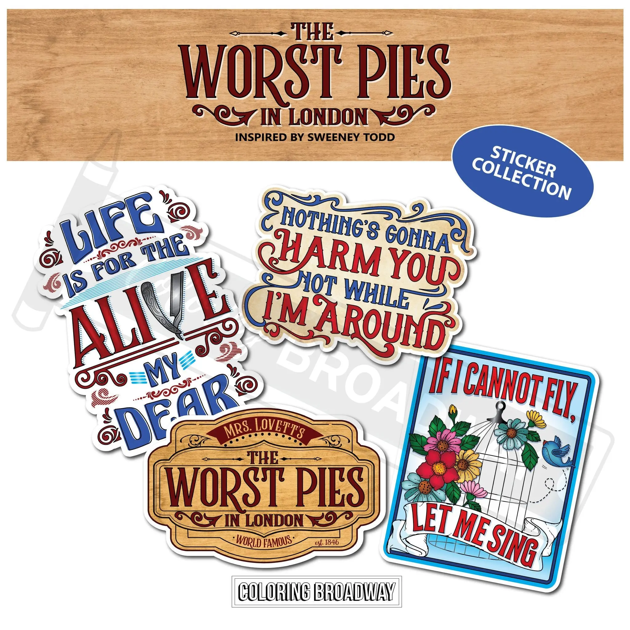 Sweeney Todd "The Worst Pies in London" Sticker Collection – (Set of 4 – 3” Die Cut Stickers)