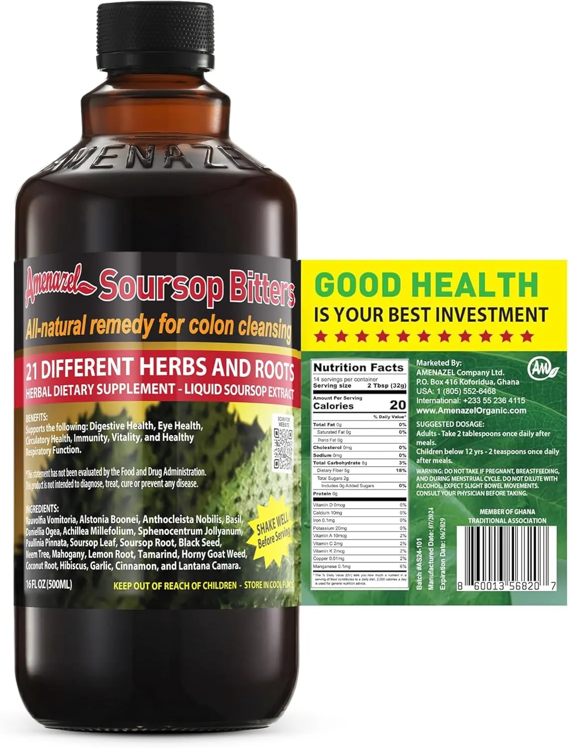 Amenazel Organic Soursop Bitters - Supports Healthy Digestion, Colon Health, Eye Health, Circulatory Health, Immunity, and Vitality