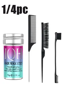 1/4pc Hair Wax Stick Styling Set, Smooth Flyaways Kit with Tail Comb, Smoothing Brush and Edge Brush for Ponytail, Bun and Hairline Styling