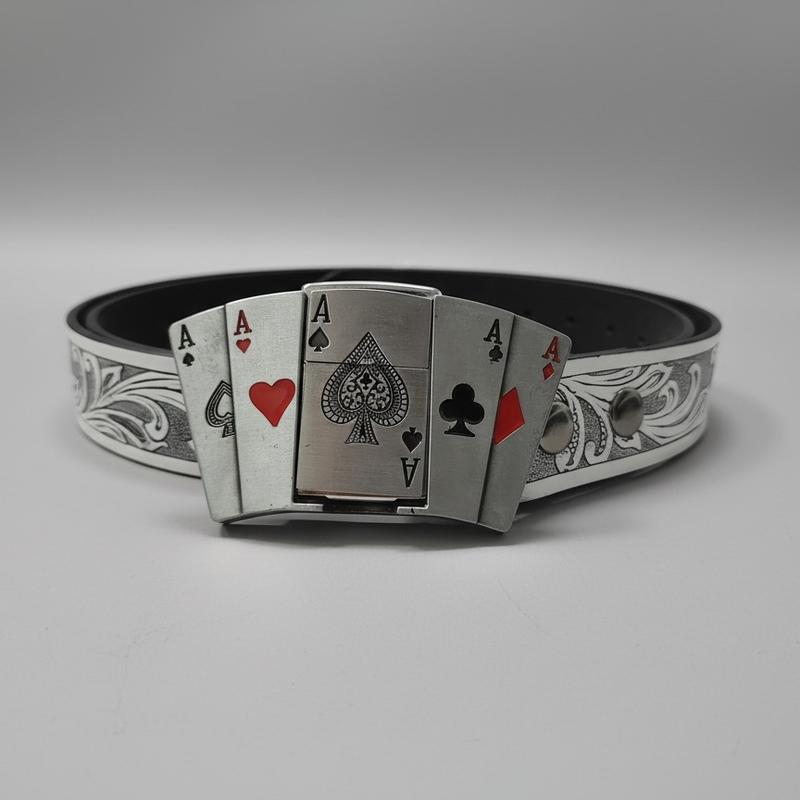 5A playing card pattern leather belt, with a Western cowboy style buckle that also functions as a lighter. A perfect gift for men or fathers.
