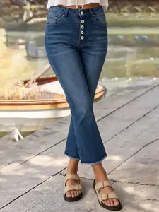 Women's High Waist Elastic Slim Fit Straight Leg Cropped Jeans with Saliva Button Fly and Raw Hem, All Seasons Casual Style for Daily Comfort