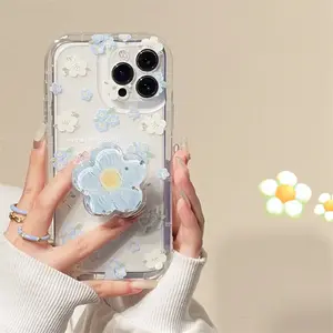 Cute Flower Quicksand Holder Phone Case for iPhone 16 15 14 13 12 11 Pro Max XR X XS Max 7 8 Plus - Floral Design Protective Casing Screen Protector Cover Protection Smartphone Cellphone Shockproof