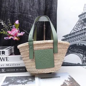 Pre-owned LOEWE Raffia & Calfskin tote bags Basket Beige & Green Tote Bag T10206524