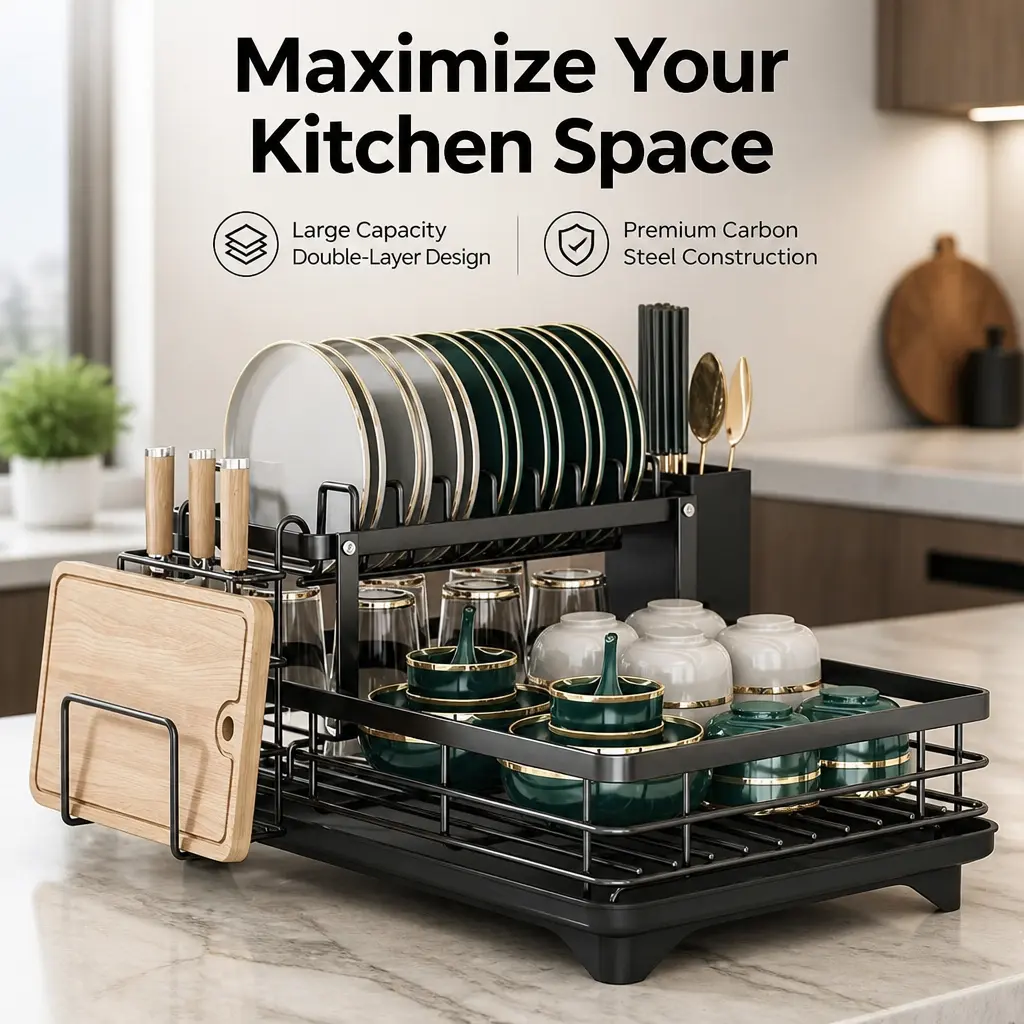 2-tier Dish Drying Rack with Drainboard, Large Capacity Kitchen Counter Dish Rack Organizer with Cutting Board Holder, Cup Holder and Utensil Rack