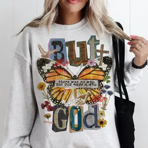 Floral But God Made A Way Sweatshirt, Christian Patchwork Collage Shirt, Monarch Butterfly Religious Shirt, Bible Verse Faith, Trendy Jesus Art Sweatshirt
