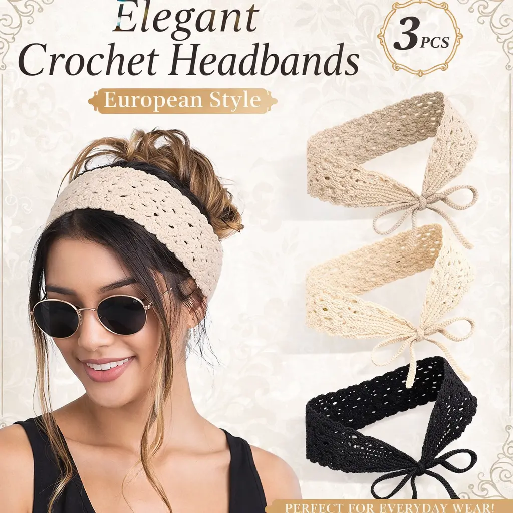 Women's 3pcs Handmade Crochet Boho Hairbands-Headbands, Stretchy Soft Breathable Adjustable Solid Colors Hippie Look, Knit Texture Pressure-Free, Party Wear Birthday Gift for Women (Black, Beige, Coffee), Round Band