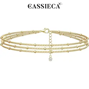 CASSIECA Layered Charm Bracelets Sterling Silver Rose Gold 3 Layered Dainty Link Chain Charm Bracelets for Women & Girls