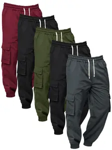 Men's Workwear Jogger Pants, 5 Pack, Autumn & Winter, Multi-Pocket, Solid Color, Lightweight Stretch Waist, Drawstring Closure, Comfortable & Fashionable Casual Running Athletic Trousers