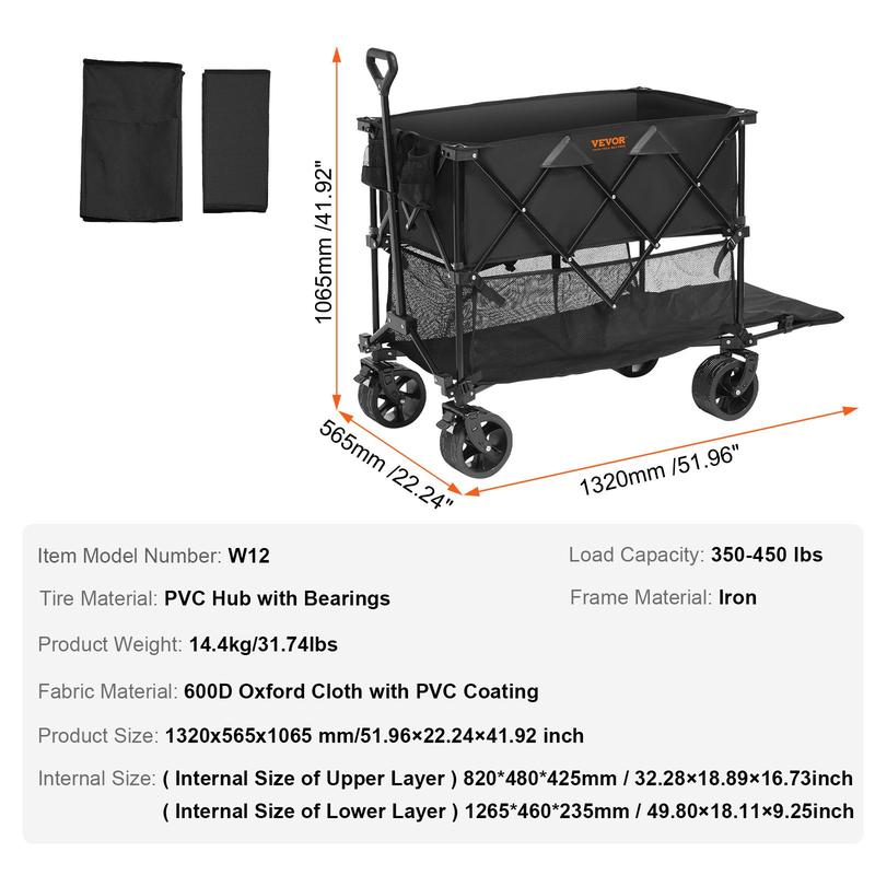 VEVOR Foldable Double Decker Wagon, Collapsible Wagon Cart with All-Terrain Wheels, Heavy Duty Folding Wagon Cart  for Camping, Shopping, Garden, 52" Extra Long Extender