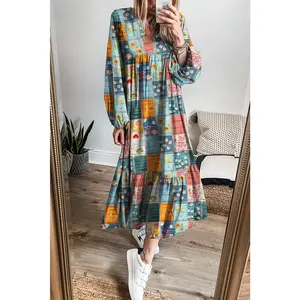 Sky Blue Floral Checkered Pattern Bubble Sleeve Ruffle Hem Dress