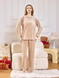 Women's Solid Velvet Drop Shoulder Top & Elastic Waist Pants Loungewear Two-piece Set, Casual Comfy Long Sleeve Top & Trousers PJ Set, Women's Sleepwear