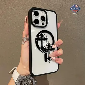 Simple Cross Pattern Premium Magnetic Phone Cases for iPhone 16 15 14 Pro Max 13 12 11 Plus Smartphone Shockproof Protection Acrylic Cover Cellphone Protective magsafe magnetic case Aesthetic Resistance Casing Protector