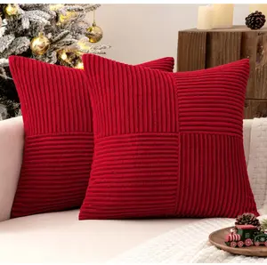 Christmas Red Corduroy Pillow Covers Pack of 2 Boho Decorative Spliced Throw Pillow Covers Soft Solid Couch Pillowcases Cross Patchwork Cushion Covers for Living Room Bed Sofa 18x18 inch