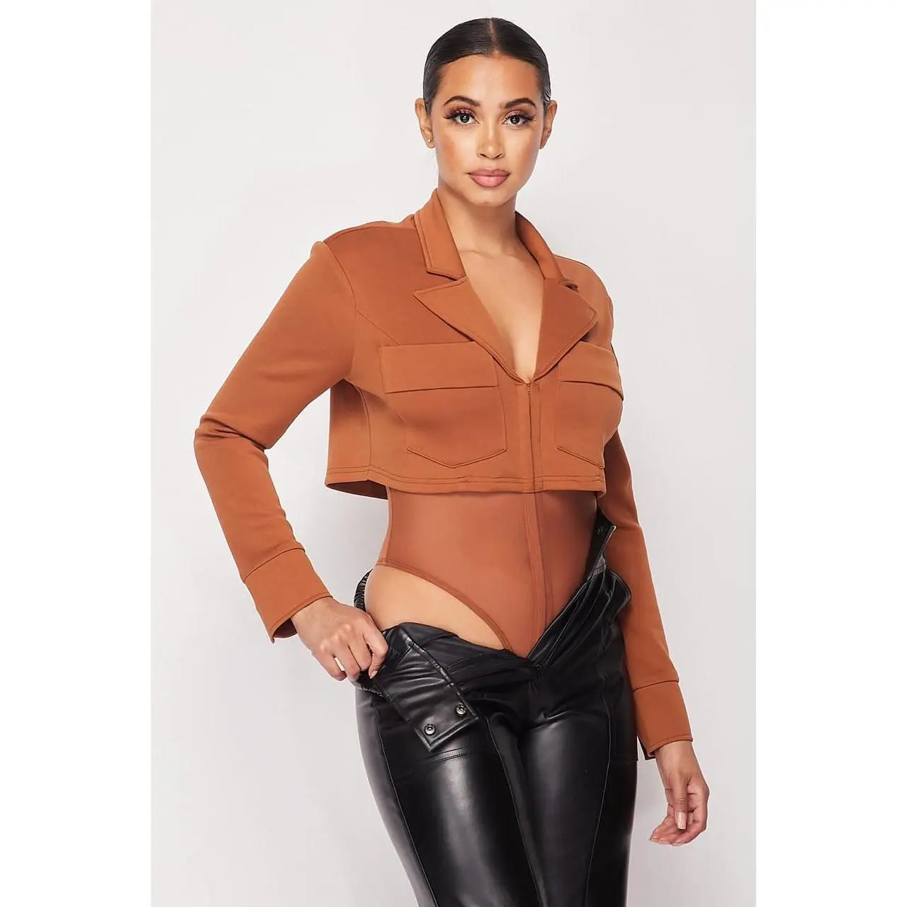Deep-v Cropped Power Shoulder Blazer Bodysuit-32592