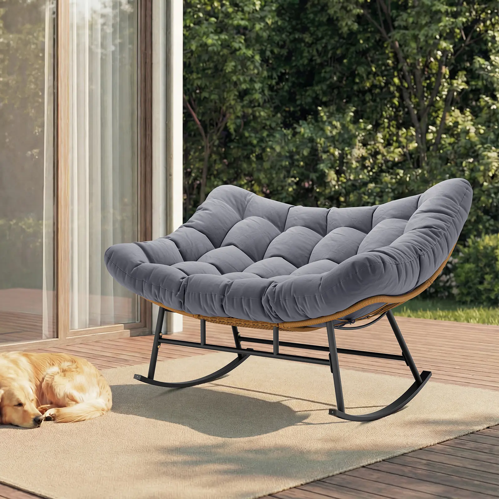 [SummerSale] Sikaic Double Papasan Rocking Chair for Couples, Outdoor Ergonomic Egg Rocker with 6.7-inch Thick Waterproof High Back Cushion, Rustproof UV-Resistant PE Wicker Stable Patio Chair for Porch, Garden Home Furniture,Dorm Essentials