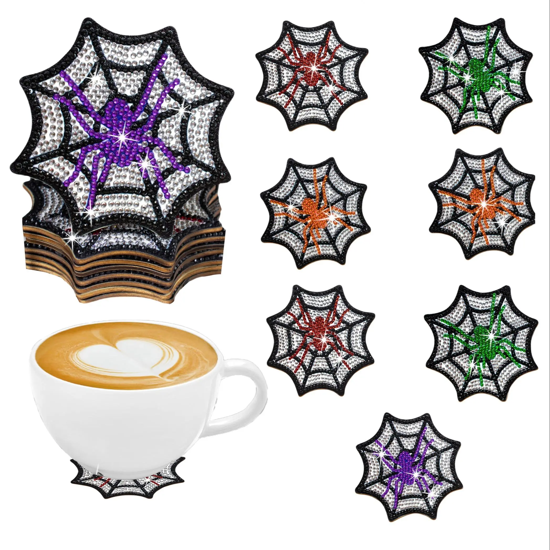 Spider Web Pattern DIY Diamond Arts Colorful Painting Coaster Set, 8pcs/set DIY Diamond Art Painting Coasters, Home Decor, Diamond Painting Kits, DIY Craft Supplies