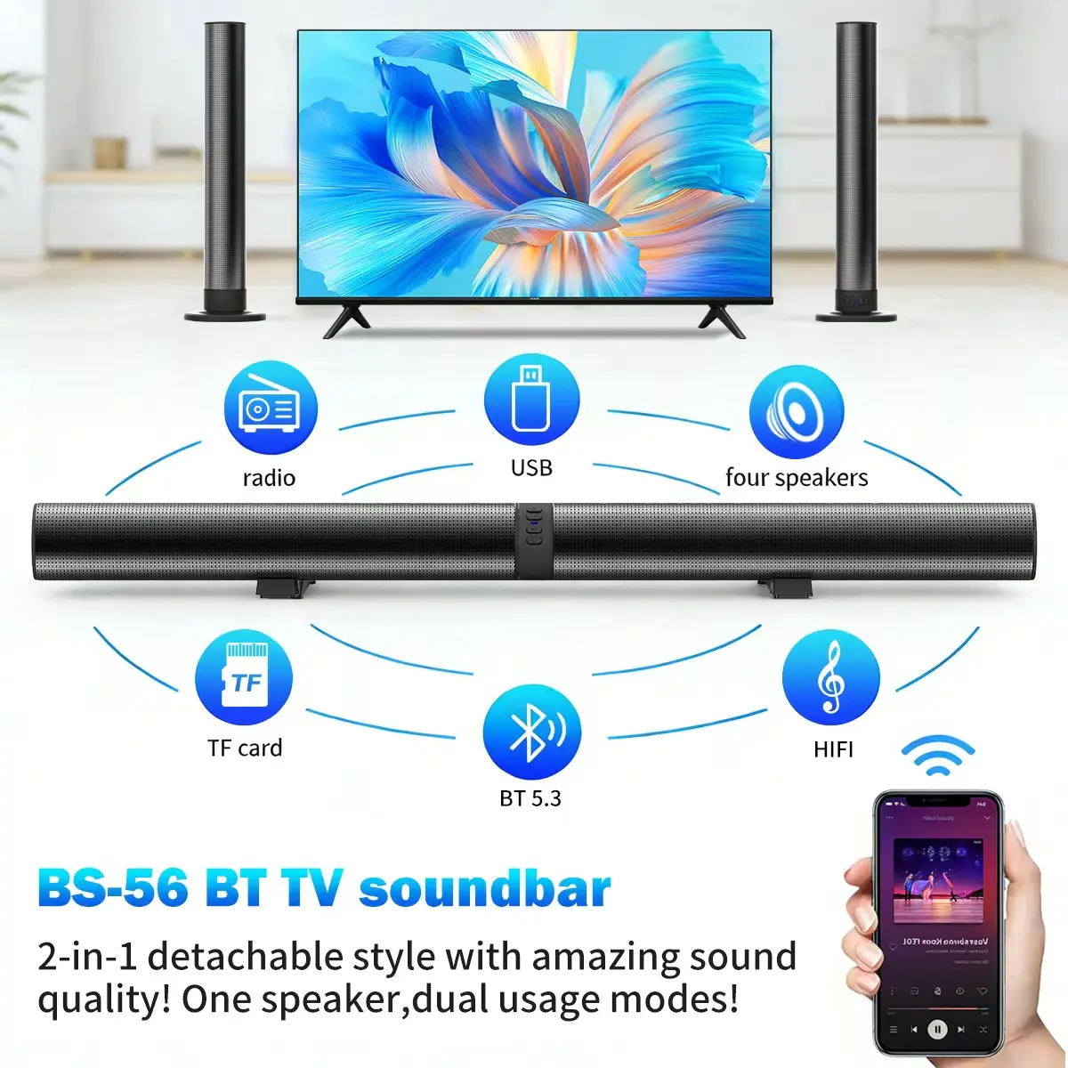 Split Soundbar, 40W Panoramic Surround Sound Stereo Speaker with 4 Subwoofer Ducts, Home Theater Wireless Living Room Sound Barrage