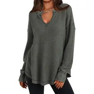 Women's waffle knit long sleeved shirt with off shoulder V-neck casual pullover, open seam oversized autumn top, oversized comfortable women's autumn and winter fashion clothing