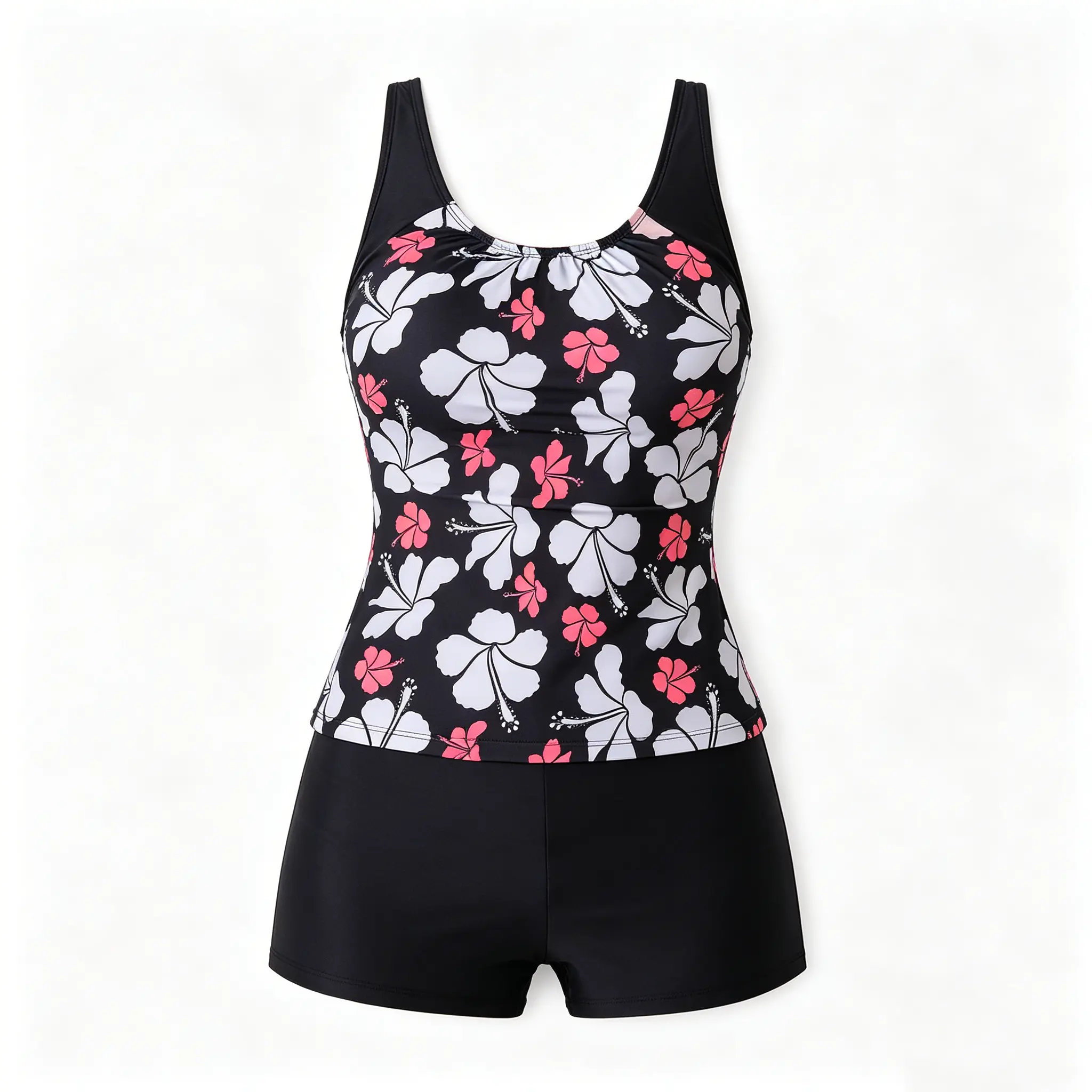 Tankini Swimsuit for Women Two Piece Tummy Control Swimwear with Boy Shorts Hibiscus Print Modest Bathing Suit for Beach Pool