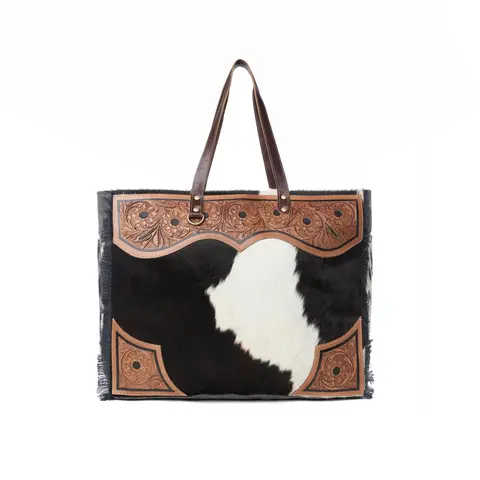 Women's Myra Cartwright Handcrafted Western Genuine Leather Weekender Tote Shoulder Bag - Tan & White Cowhide, Stylish Purse, Americana Leisure Zip Bag for Women, Work & Travel