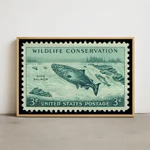 King Salmon Stamp Poster 1956, Vintage US Postage Wildlife Art, Fishing Nature Wall Decor