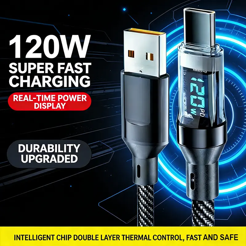 120W Fast Charging USB-A to Type-C Nylon Braided Durable Data Cable with Digital Display - Charger Power Cable for Smartphone, Cellphone, Mobile Device & Electronic Device