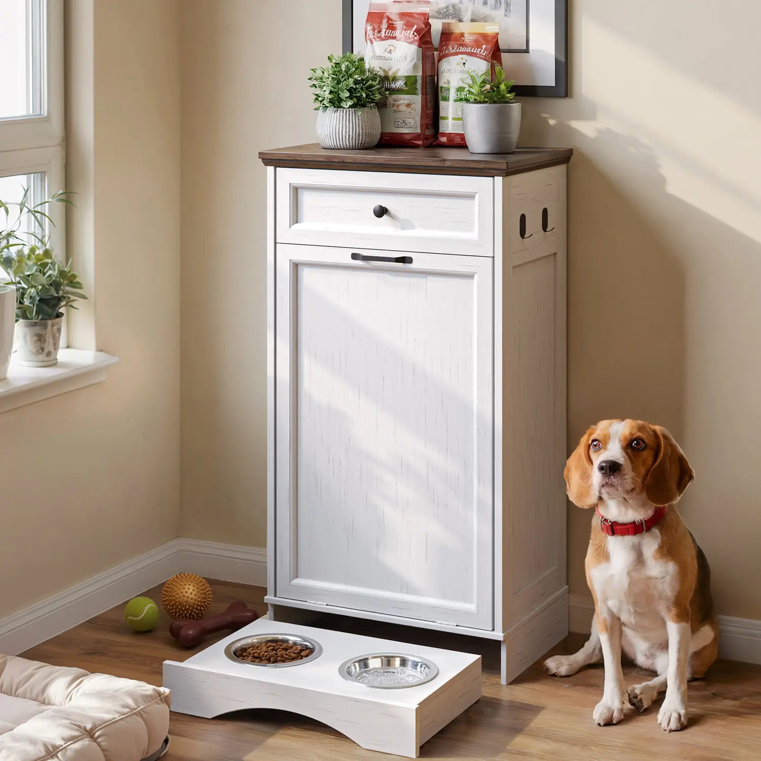 Summervibes 10 Gal Wood Tilt-Out Trash Can Cabinet with Drawer - Durable Hidden Pet-Proof Kitchen Bin, Space-Saving Floor Cabinet for Under Sink, Freestanding Kitchen & Laundry Supplies Storage odor control