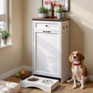 Summervibes 10 Gal Wood Tilt-Out Trash Can Cabinet with Drawer - Durable Hidden Pet-Proof Kitchen Bin, Space-Saving Floor Cabinet for Under Sink, Freestanding Kitchen & Laundry Supplies Storage