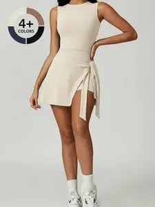 Women's Solid Round Neck Racer Back Tank Dress, Casual Sleeveless Short Dress for Yoga Gym Workout, Ladies Sportswear for Indoor Outdoor Wear, Sleeveless Athletic Dresses