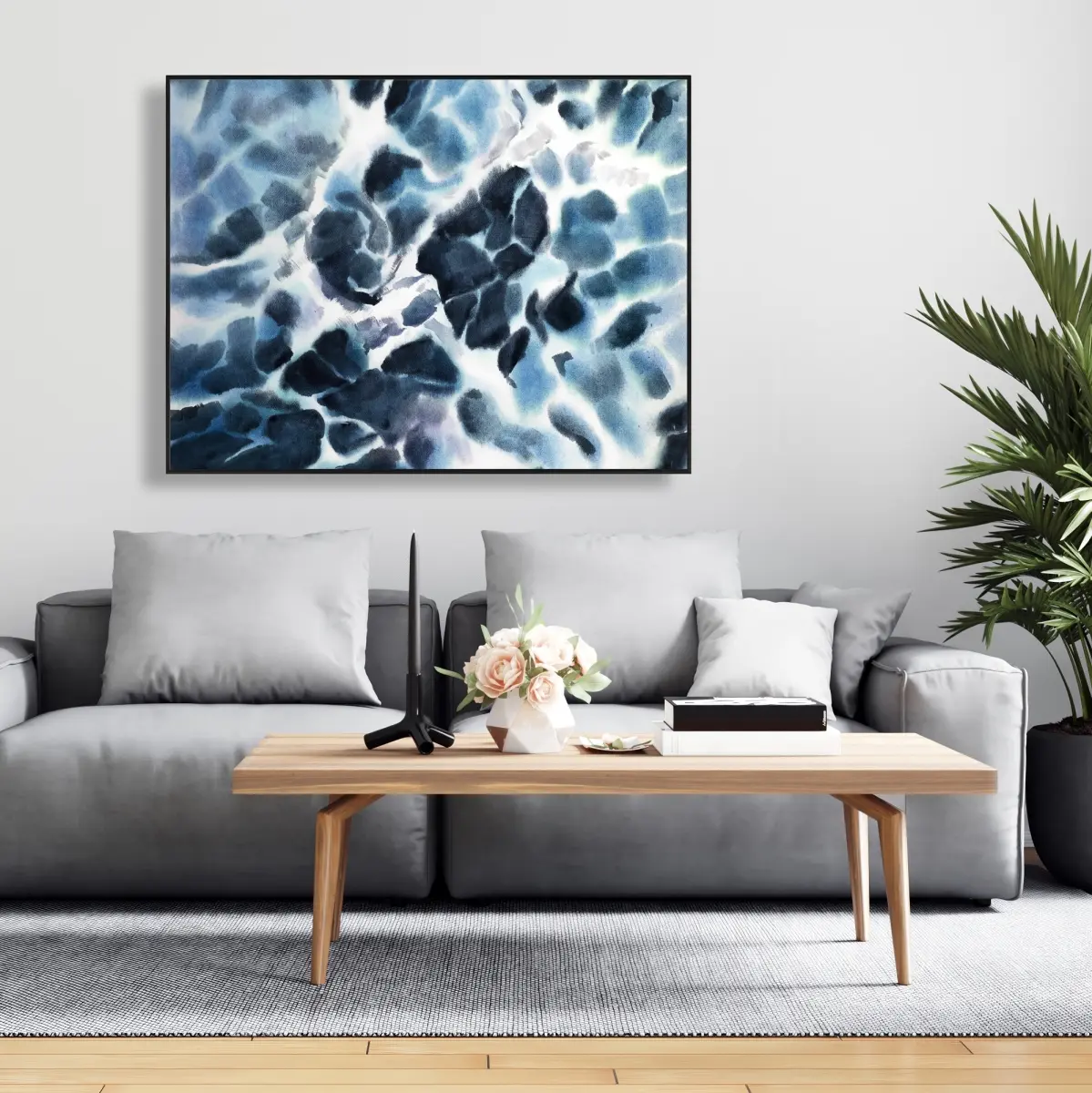 36x48 in. 360-Stand Coastal Blue Framed Raw Artistic Stormy Sea Waves Wall Art Print, Ready-to-Hang Beach Painting, Nature Home Decor, Ideal Housewarming Gift for Bedroom