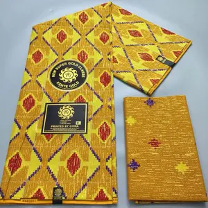 4+2Yards Ankara African Gold Lace Fabric 100% Cotton Ghana Pagne Soft Kente Style Wax Fabric for Women Cloth Sewing Materials