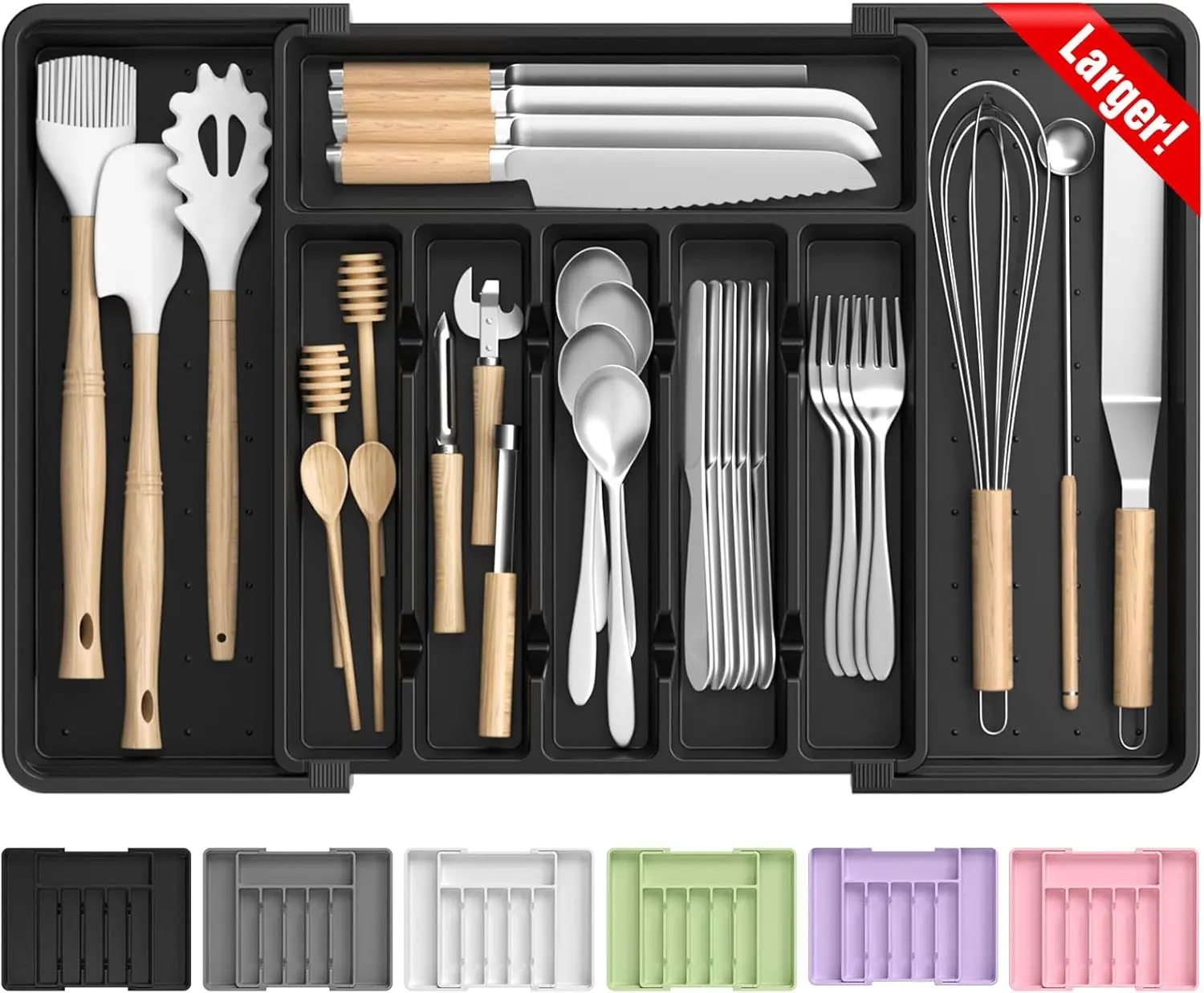 Large Silverware Organizer Expandable Utensil Drawer BPA Free Utensil Holder Adjustable Tray Cutlery Drawer Organizer for Kitchen Flatware (6-8 Slots)