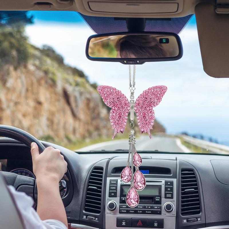 Butterfly Crystal Hanging Decor Pink Rhinestone Pendant Ornament Decorative Hanging Charm for Car Rearview Mirror Home Window Wall Door Backpack Handbag Room Decoration Gift for Women and Teen Girls