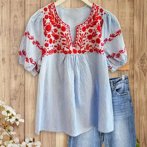 Women's SageVell Boho Striped Blue-Khaki Blouse - Chic V-Neck Puff Sleeve Top with Delicate Red Floral Embroidery, Soft Fabric, Garden Party/Going Out/9 to 5 Fashion Tops (Medium)