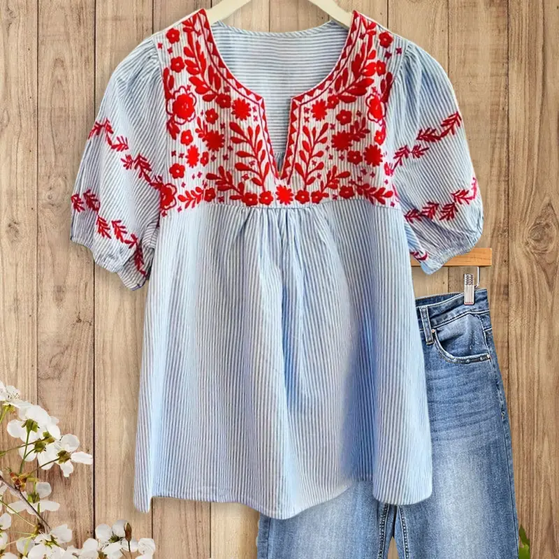Women's SageVell Boho Striped Blue-Khaki Blouse - Chic V-Neck Puff Sleeve Top with Delicate Red Floral Embroidery, Soft Fabric, Garden Party/Going Out/9 to 5 Fashion Tops (Medium)
