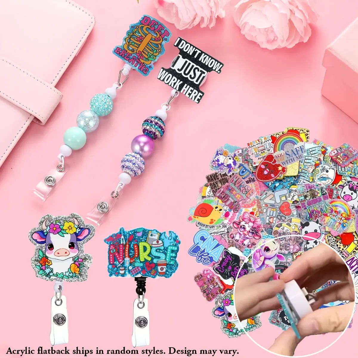 96pcs Beadable Badge Reel Kit, Mix 24 Acrylic Flatbacks, 12 Flat Clip Beadable Badge Reels, 6 Black + 6 White Rotating Alligator Clip Badge Reels, 48 Hook and Loop Dots, Multi-Item Party Favor Packs, Gift for Nurses Teachers Friends Office summerwins
