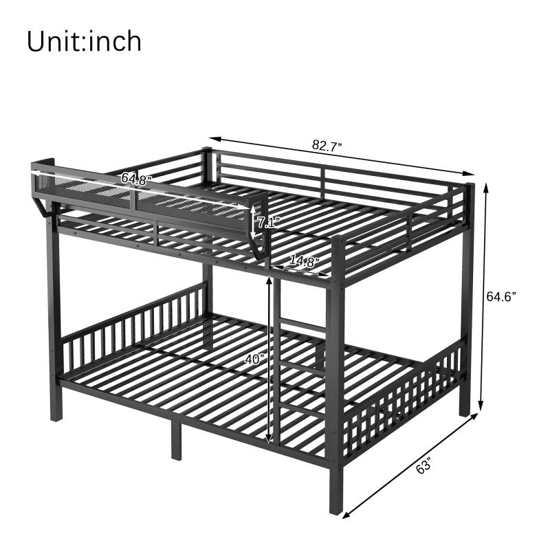 Queen Over Queen Bunk Bed with Storage Shelf and Ladder, Heavy-Duty Metal Loft Bed Frame, Noise Free, for Adults Teens,Black