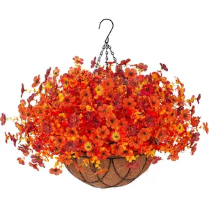 Mums Artificial Fall  with Hanging Baskets Outdoors for Decoration Faux mums for outdoor planters Daisy Flower with Eucalyptus Leaves for Porch  Patio Balcony and Yard Autumn Decor