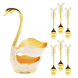 Coffee Dessert Spoon Set, Swan Base Holder with 6pcs Ice Cream Spoons Teaspoons Coffee Dessert Sugar Flatware