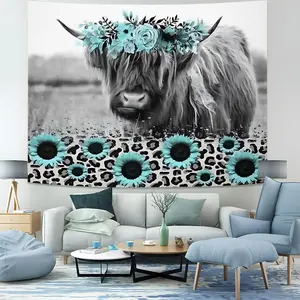 Black White Gray  Blue Highland Cow Background Wall Tapestry, Fluffy, Dense Black White, Gray Tones Create Stable Textured Look Digital Print Tapestry, Whimsical Wall Hanging  Bedroom Decor,Playful Home Aesthetic Wall Art,Cozy Heart Rustic Warming Vibes.