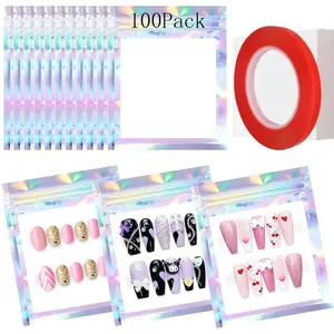 100PCS Empty Holographic Nail Storage Bag Press on Nail Packaging Bag and 100PCS Shiny white cardboard Nail Tips Packaging Bags with 1 Roll Transparent Tape