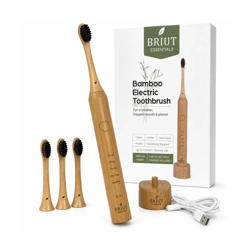 Briut Essentials Bamboo Sonic Electric Toothbrush,  Deep Clean & Teeth Whitening, 5 Cleaning Modes, Rechargeable Toothbrush for Sensitive Teeth, 3 Brush Heads Included