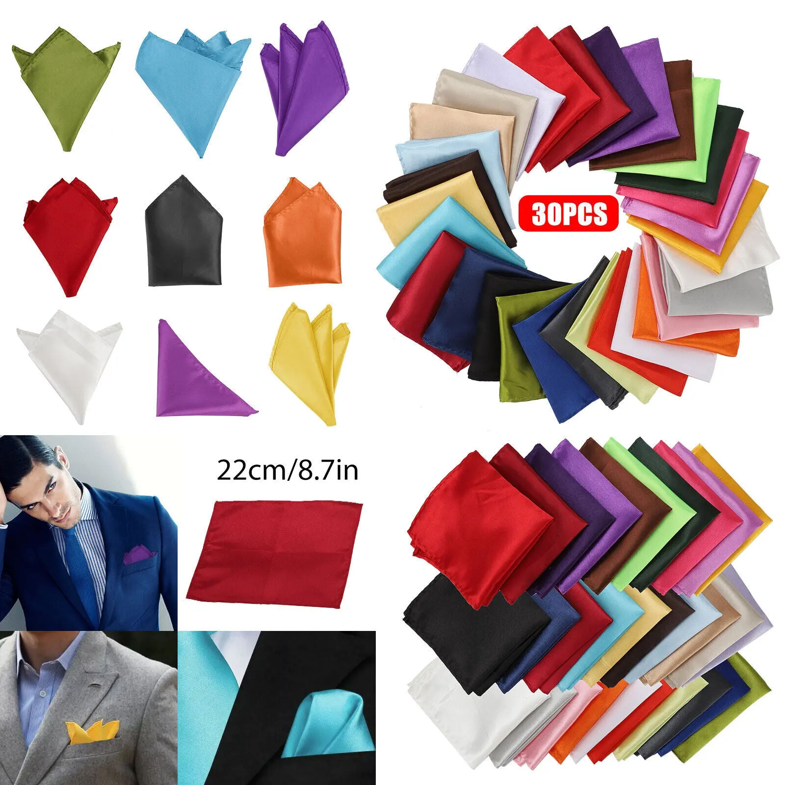 Men's Silk Satin Pocket Squares, 30Pcs Plain Solid Color Double-Sided Polyester Hankies, Fashion Accessories for Men's Accessories, Wedding Party Use, Plain Look, Smooth Texture, Casual, Everyday