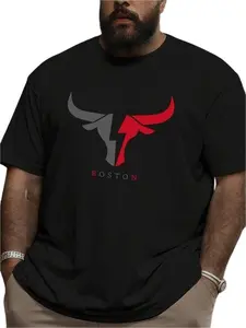 2026 Summer New Boston Bulls Print Men's T-Shirt, Plus Size Loose Cotton Breathable, American Street Fashion Top, Versatile Bottom Shirt
