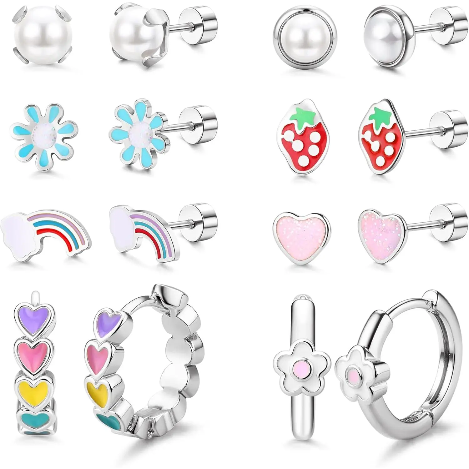 X-EA09 Women's Hypoallergenic 316 Surgical Steel Small Hoop Earring Sets, Lightweight Flat Back Earrings for Sensitive Ears - Daisy, Heart, Flower, Strawberry, Rainbow, Pearl Designs for Thanksgiving, Birthday, Daily Wear